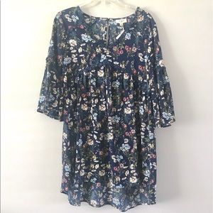 Floral Tunic Dress with Bell-Sleeves + Lace Detail